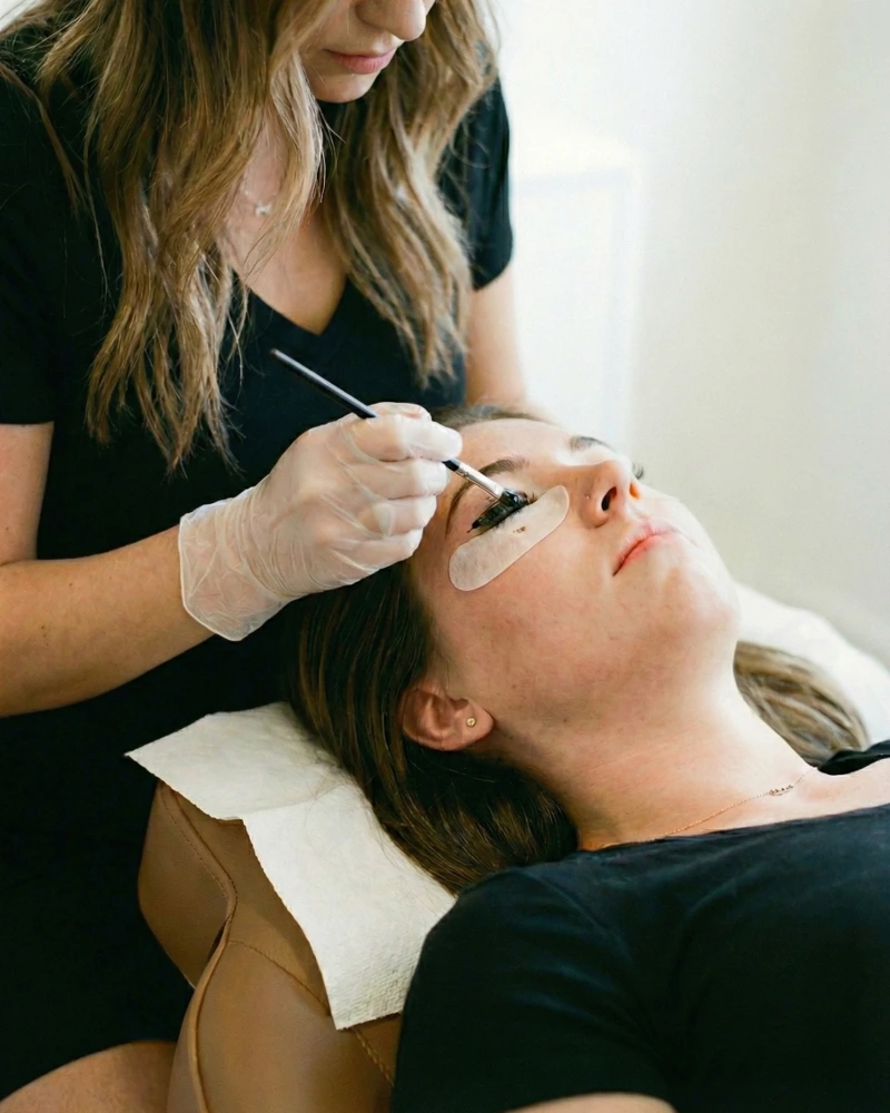 Close up of professional lash and brow tinting holborn service